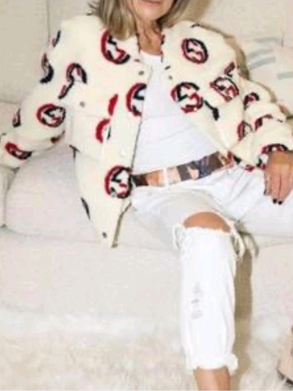 Cream Bomber Jacket with Red & Black Pattern